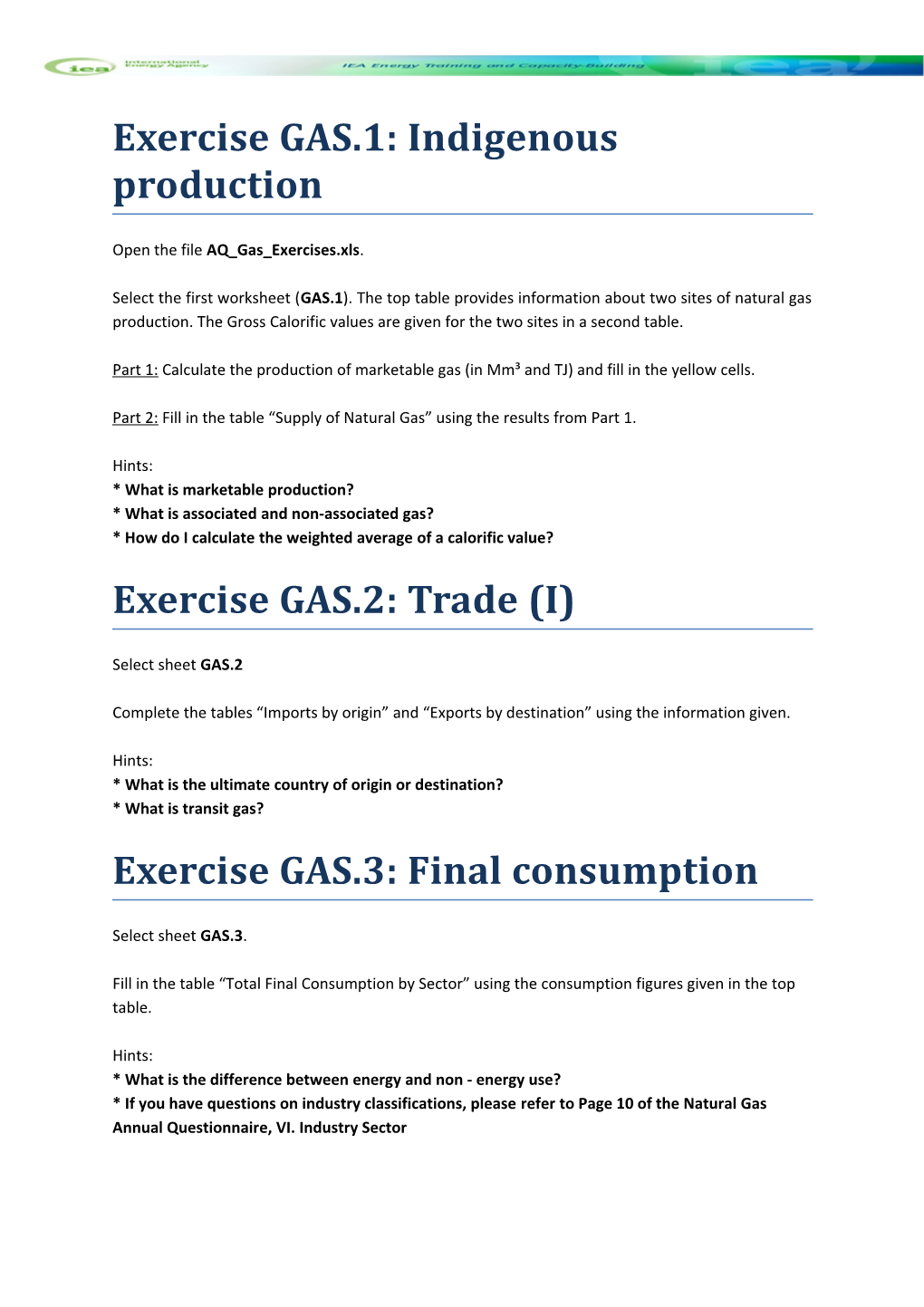Annual Gas Questionnaire Exercises
