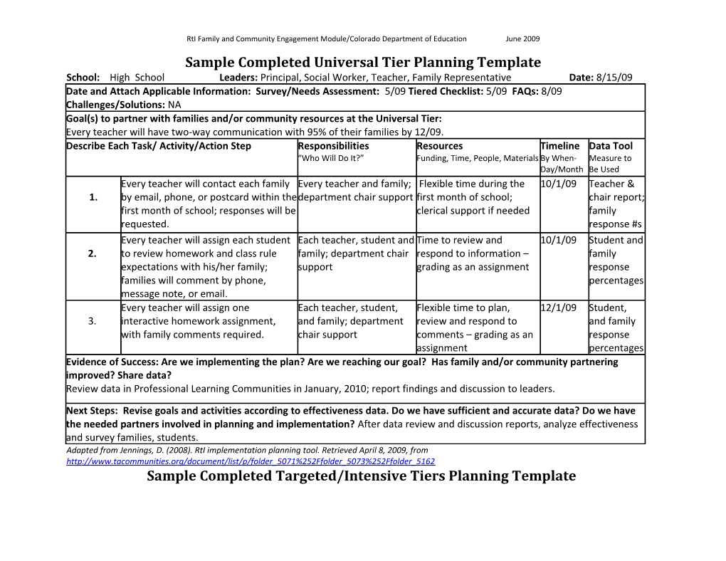 Sample Completed Universal Tier Planning Template