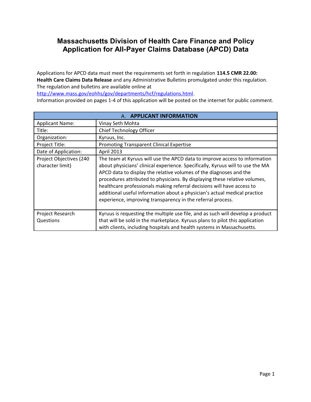 APCD Data Release Application