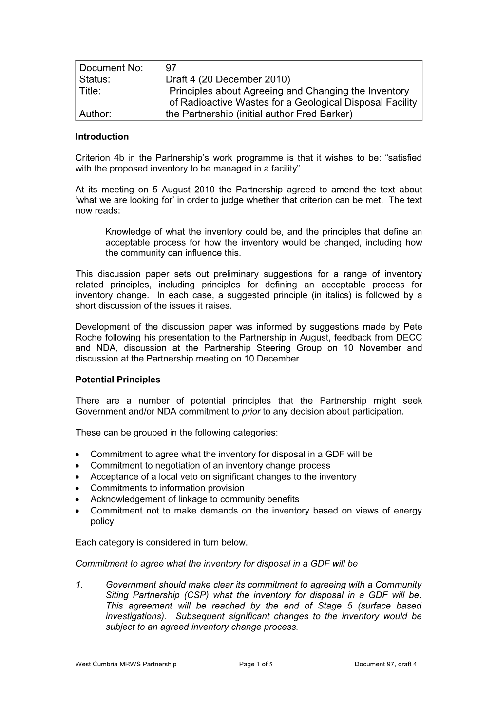 West Cumbria MRWS Partnership: Draft Terms of Reference