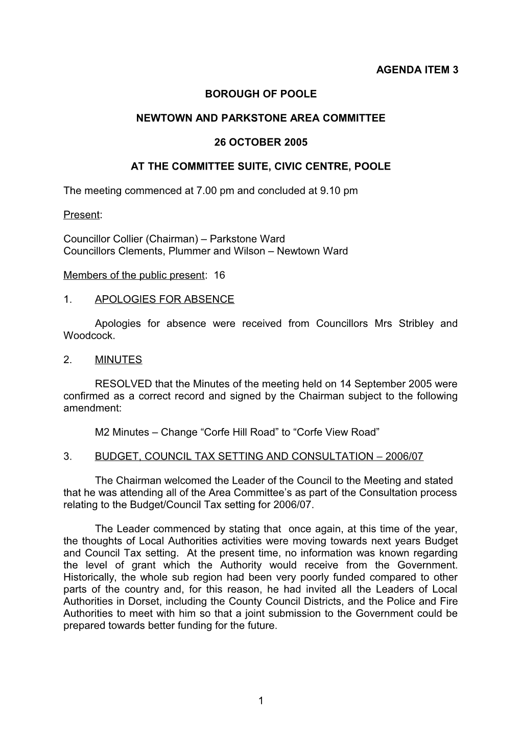 Minutes - Newtown and Parkstone Area Committee - 26 October 2005