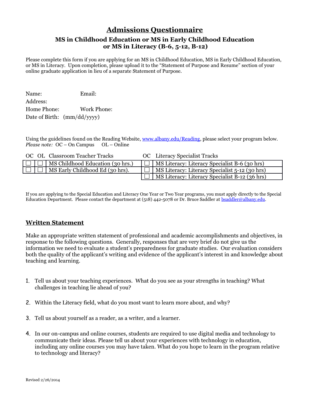 MS in Literacy /MS in Reading Information Sheet NON Degree