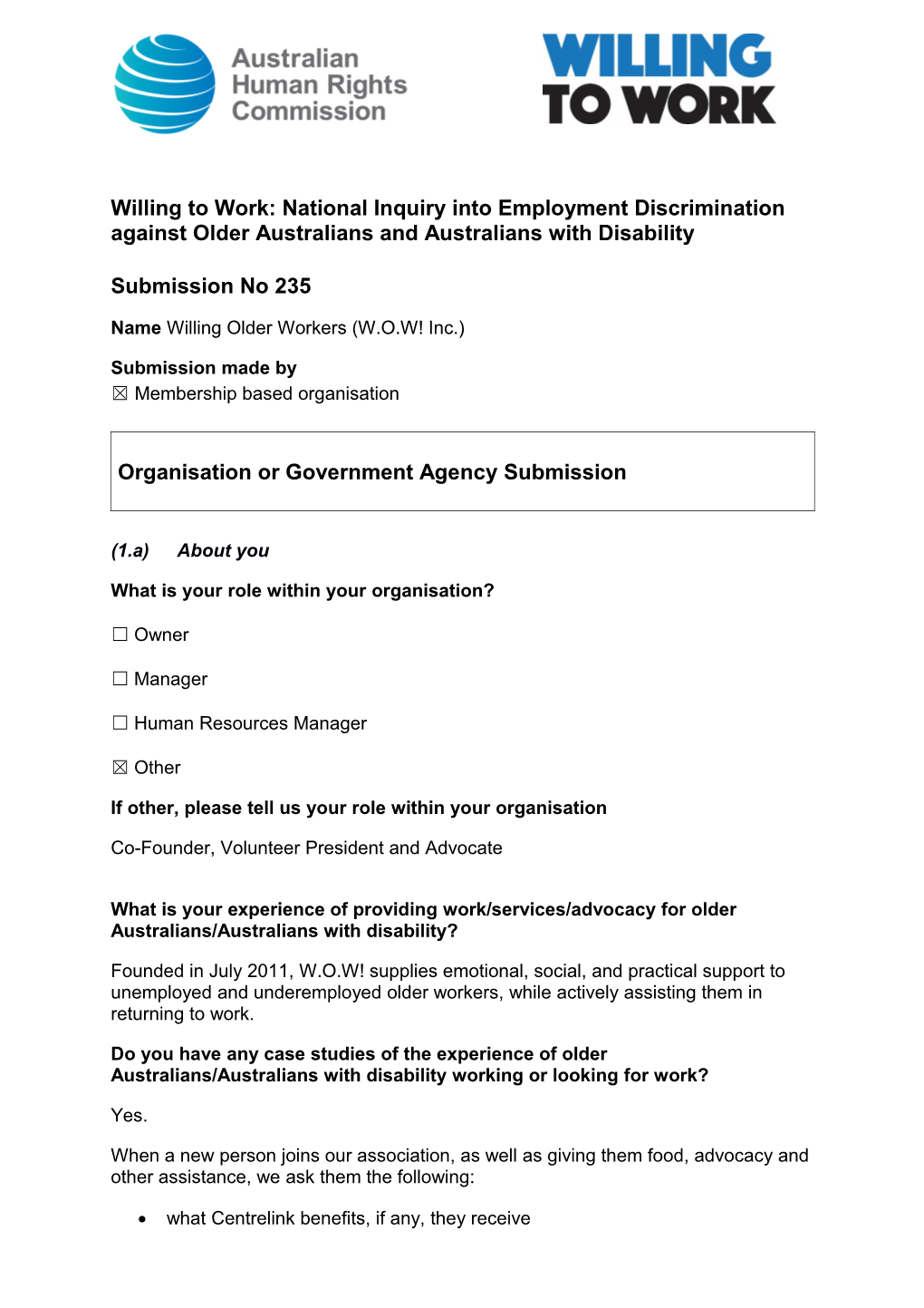 Organisation Or Government Agency Submission