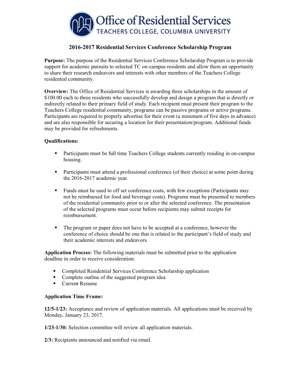 2016-2017 Residential Services Conference Scholarship Program