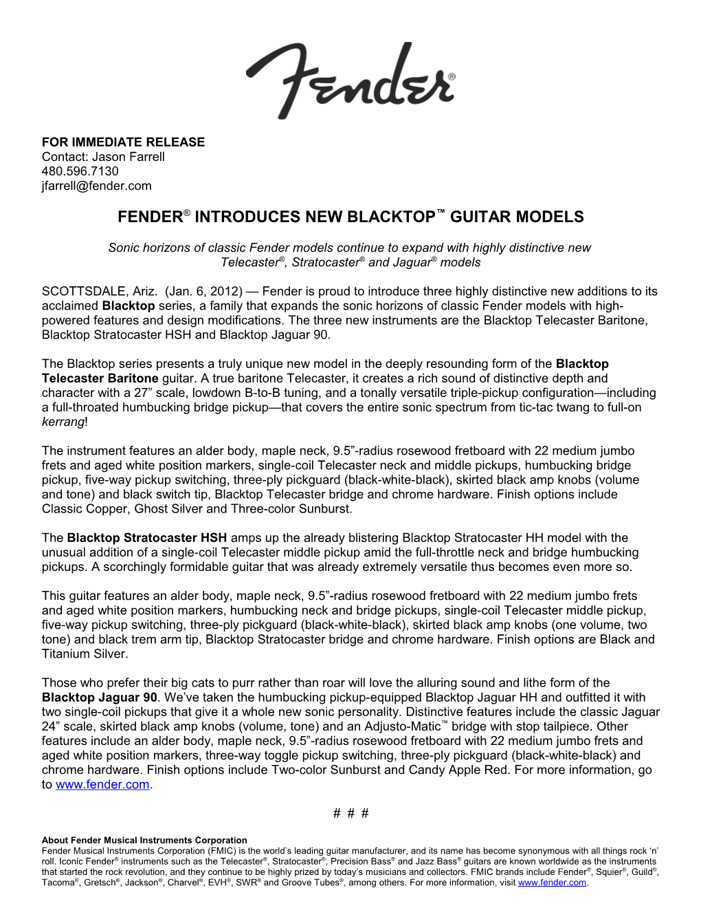 Fender Introduces New Blacktop Guitar Models