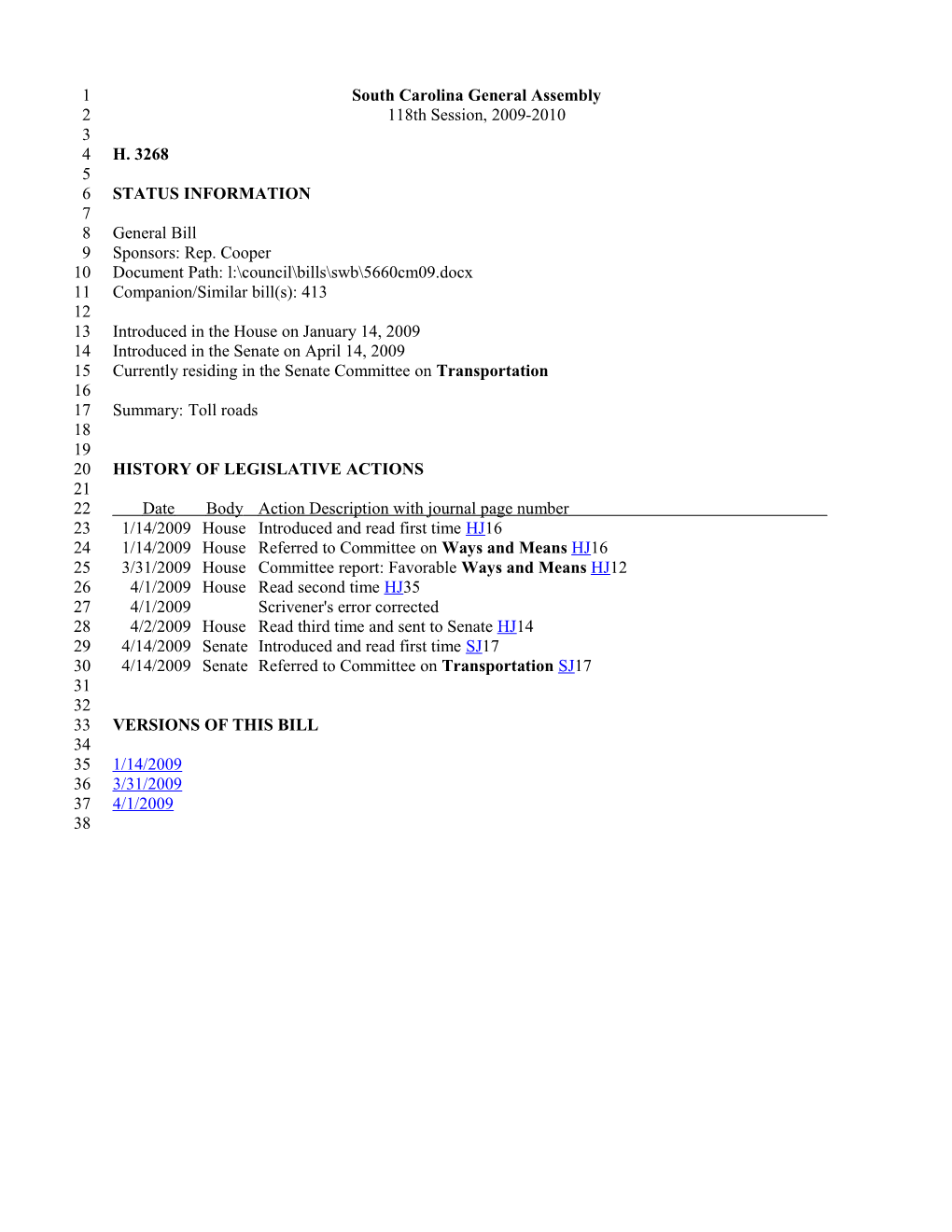 2009-2010 Bill 3268: Toll Roads - South Carolina Legislature Online