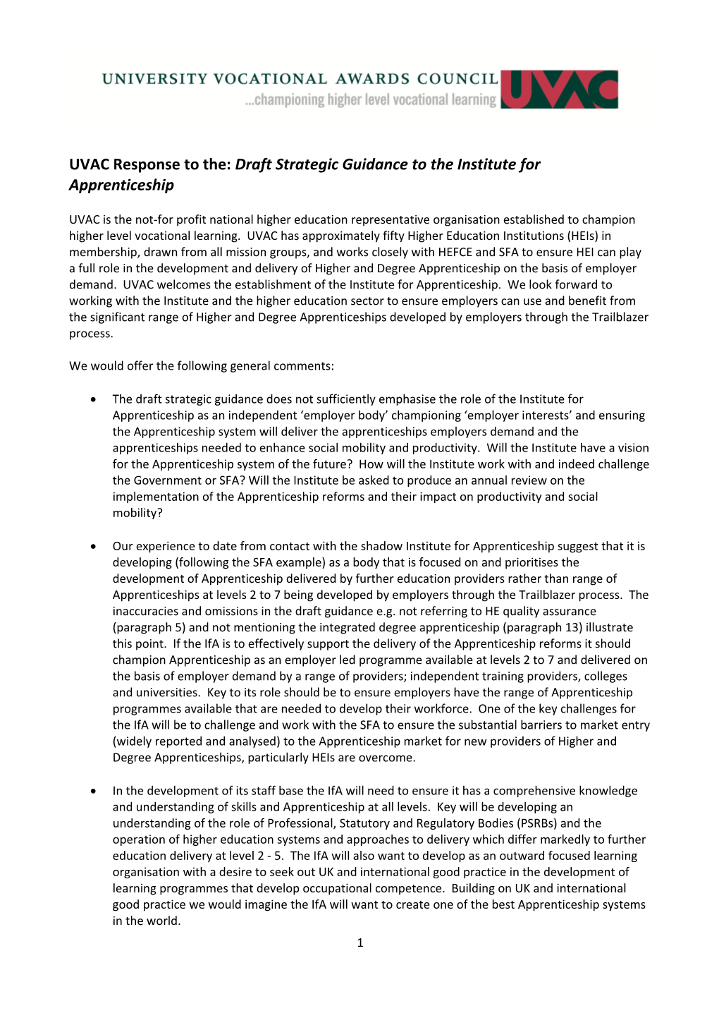 UVAC Response to The:Draft Strategic Guidance to the Institute for Apprenticeship