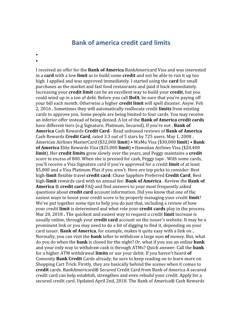 Bank of America Credit Card Limits