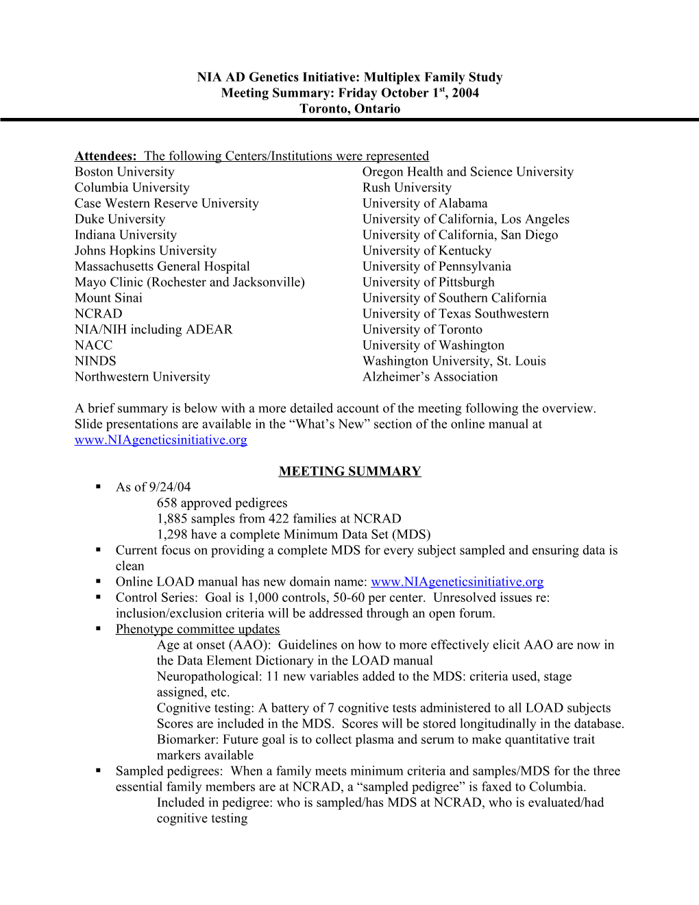 NIA AD Genetics Initiative: Multiplex Family Study