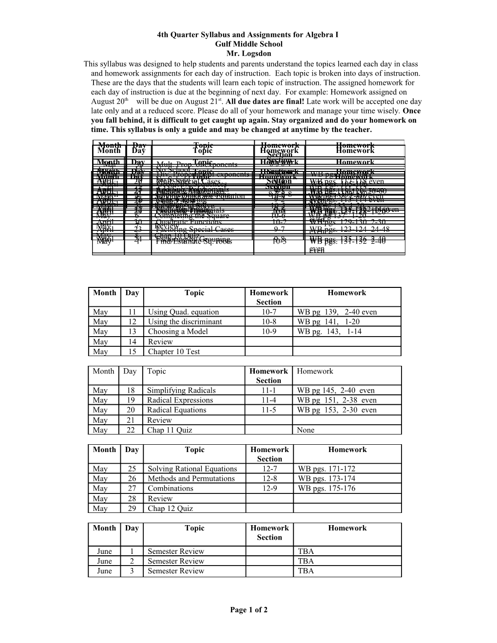 4Th Quarter Syllabus and Assignments for Algebra I