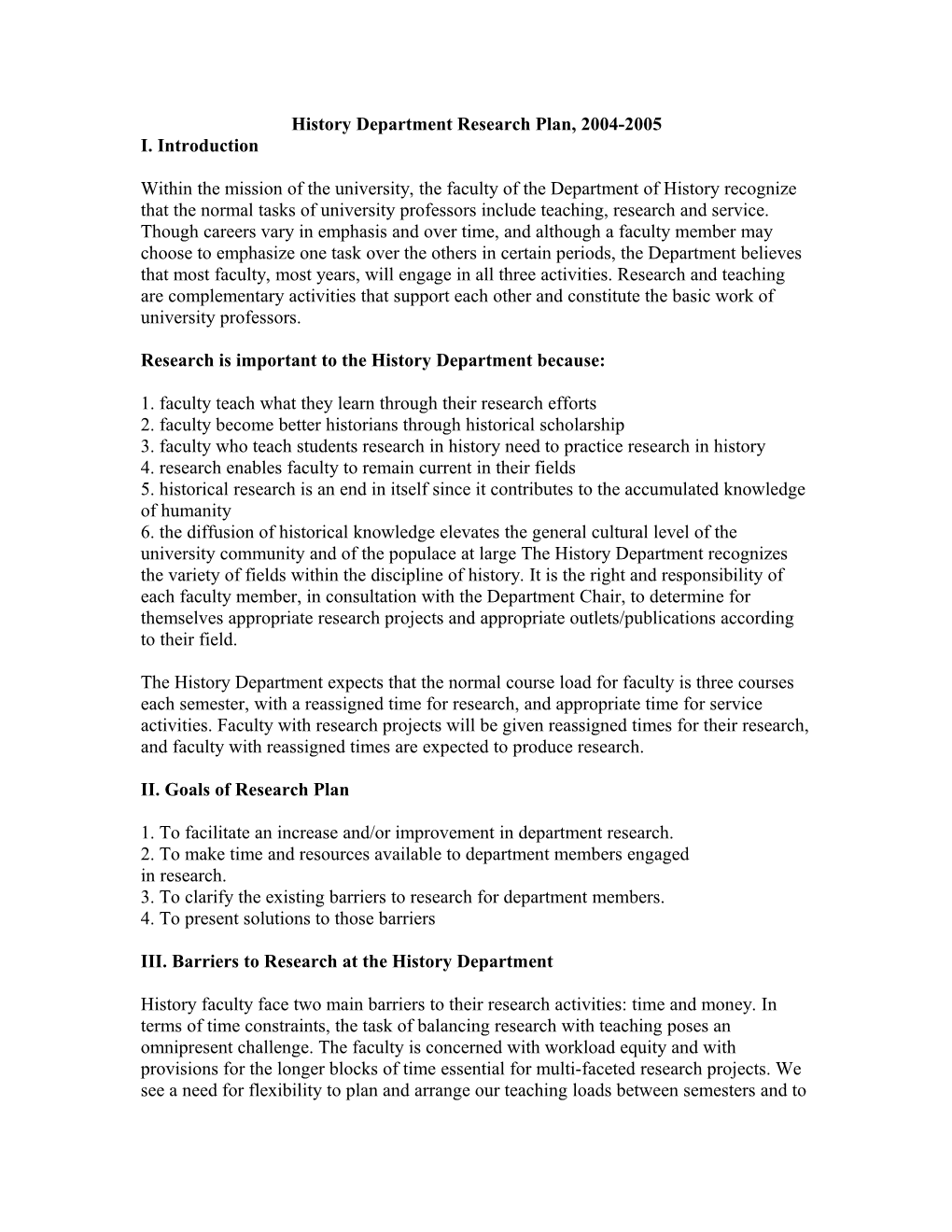 History Department Research Plan, 2004-2005