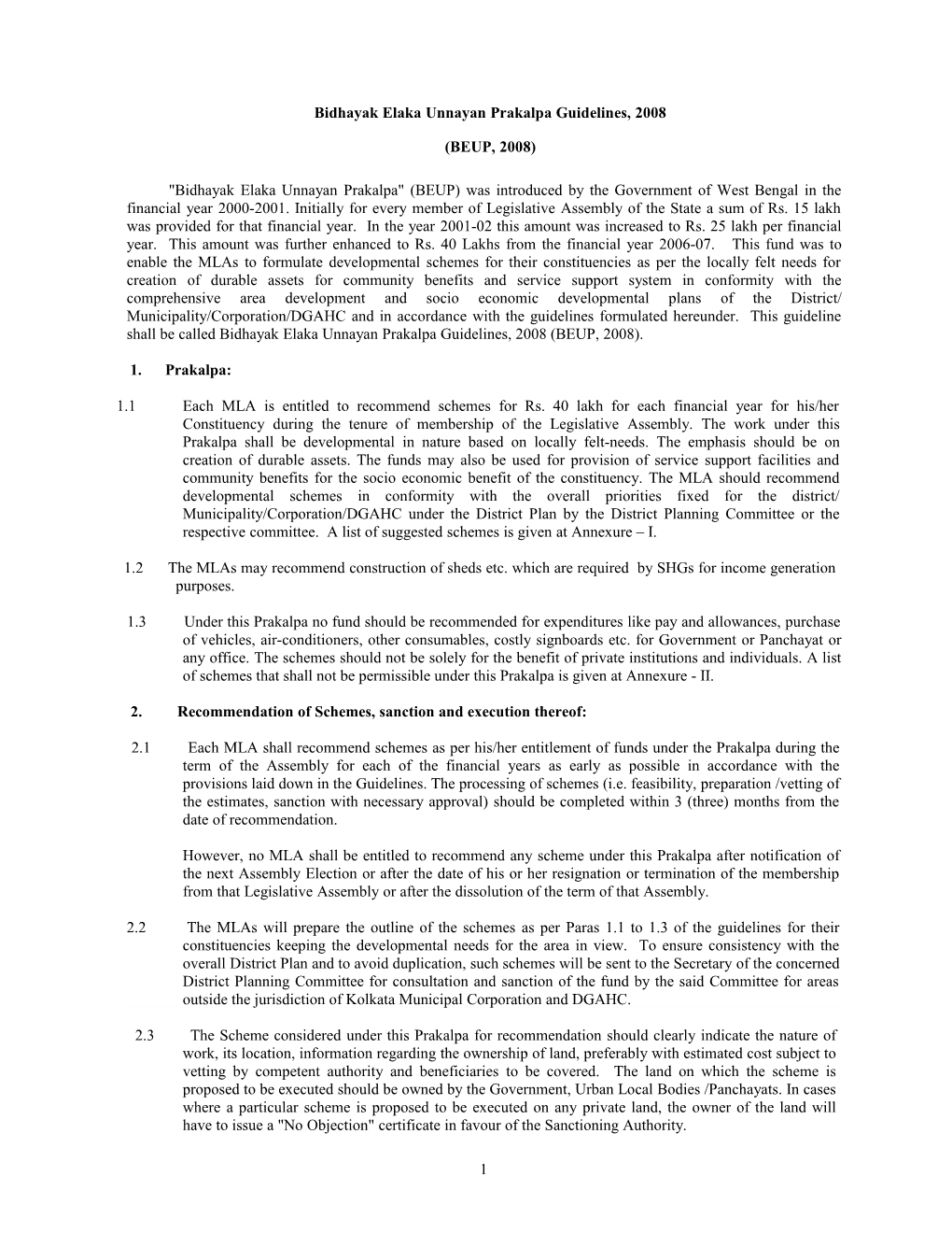 Bidhayak Elaka Unnayan Prakalpa Guidelines, 2008