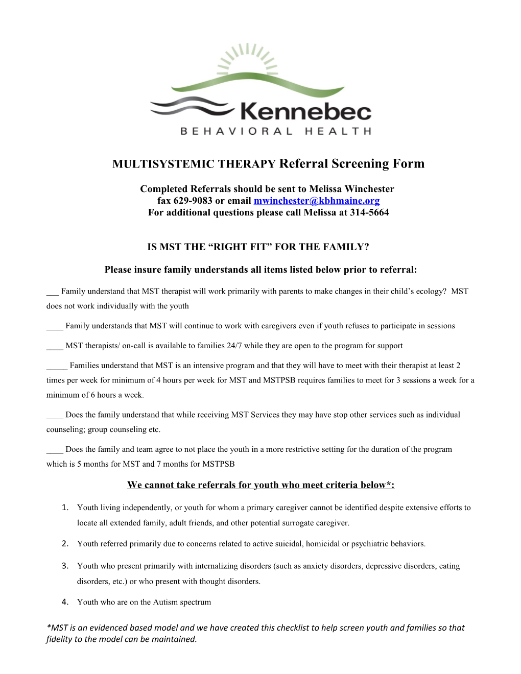 MULTISYSTEMIC THERAPY Referral Screening Form