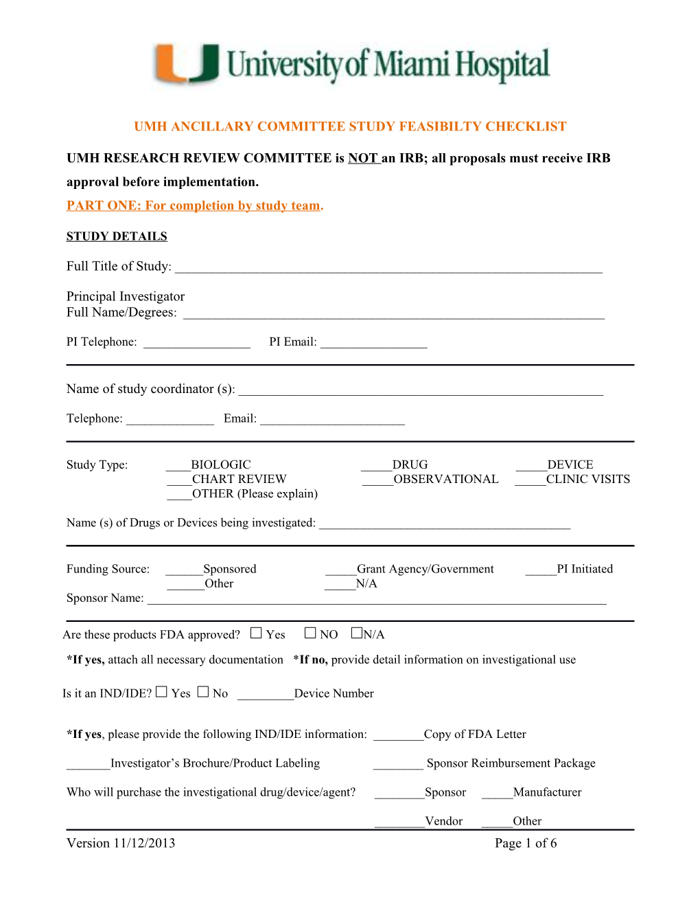 Umh Ancillary Committee Study Feasibilty Checklist