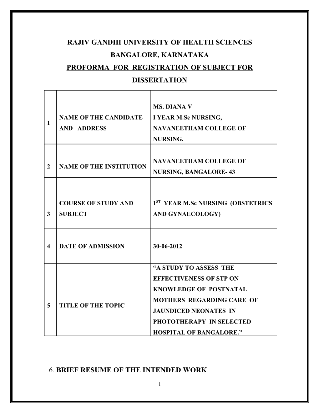 Proforma Synopsis for Registration of Subject for Dissertation