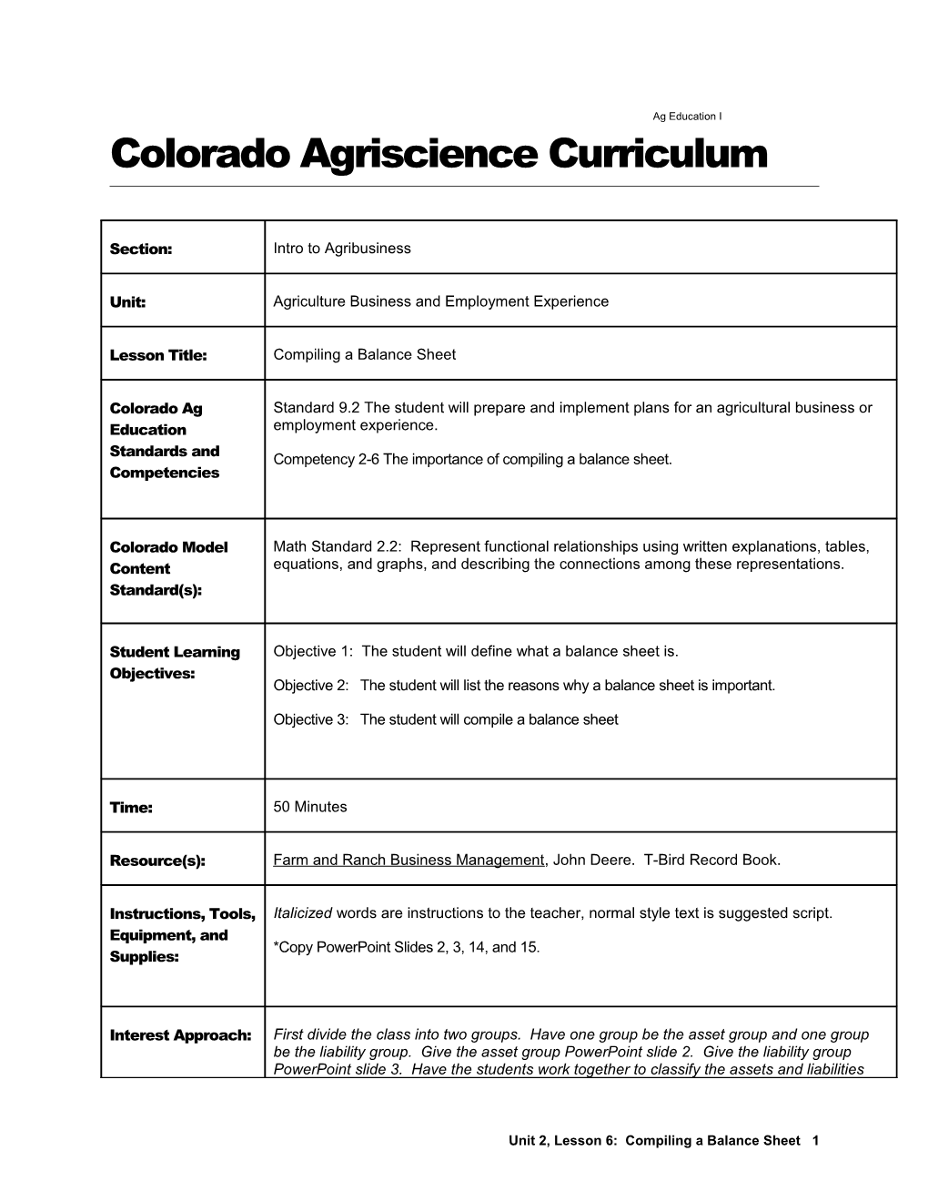 Unit 2, Lesson 6: Compiling a Balance Sheet 1