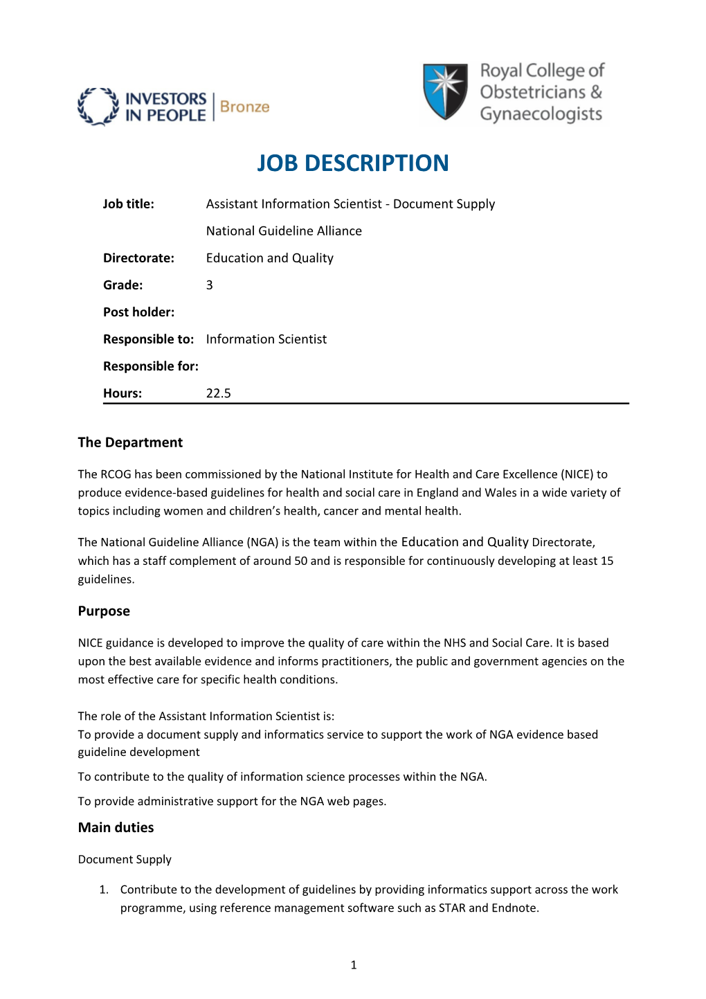 Job Title:Assistantinformation Scientist - Document Supply