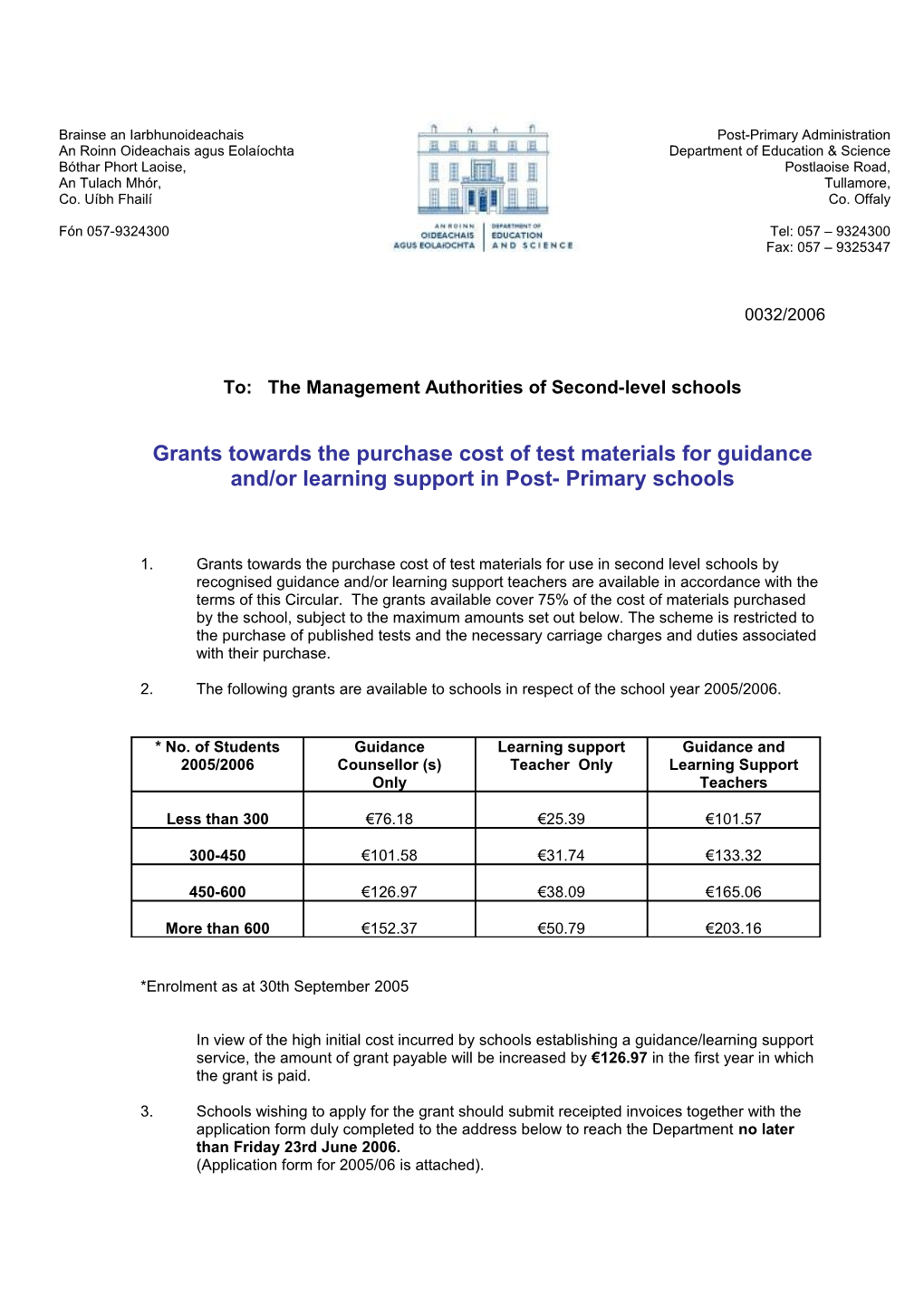 Circular 0032/2006 - Grants Towards the Purchase Cost of Test Materials for Guidance And/Or