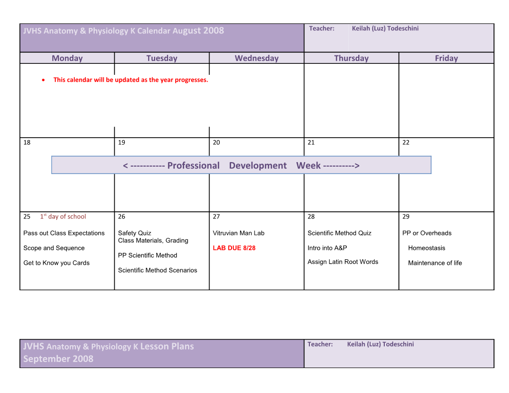 JVHS Biology K/H Calendar August 2008