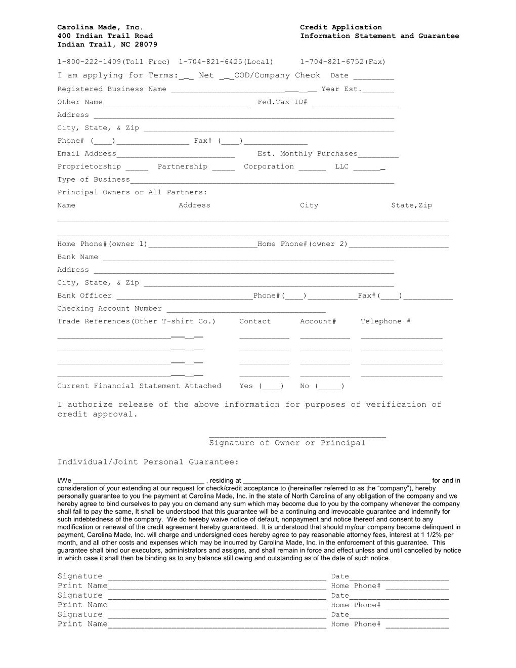 Carolina Made, Inc.Credit Application