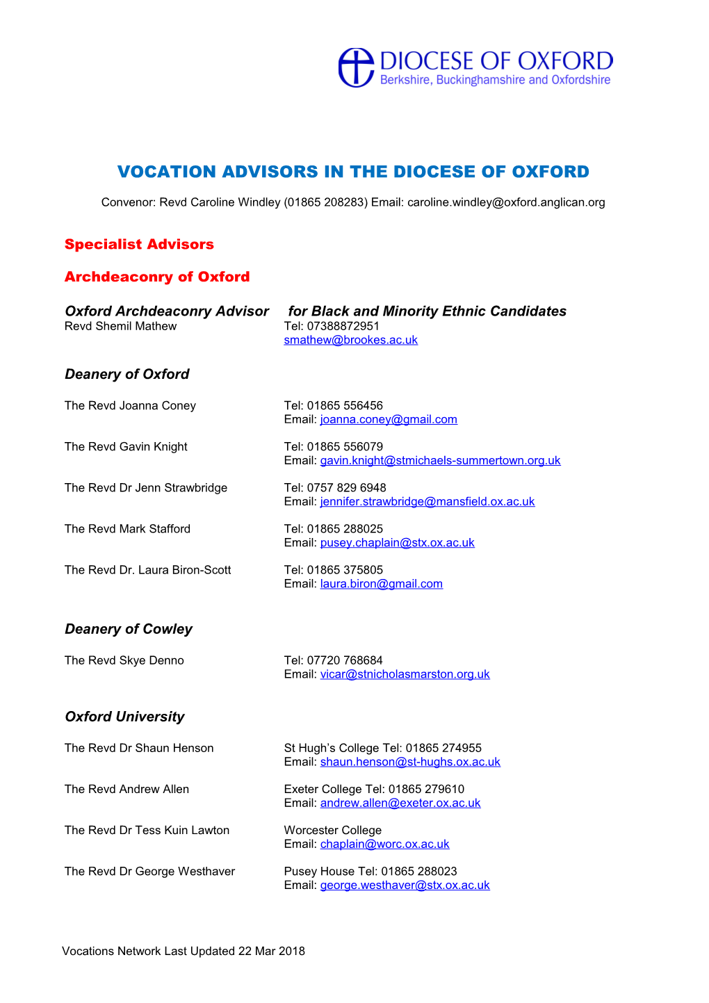 Vocation Advisors in the Diocese of Oxford