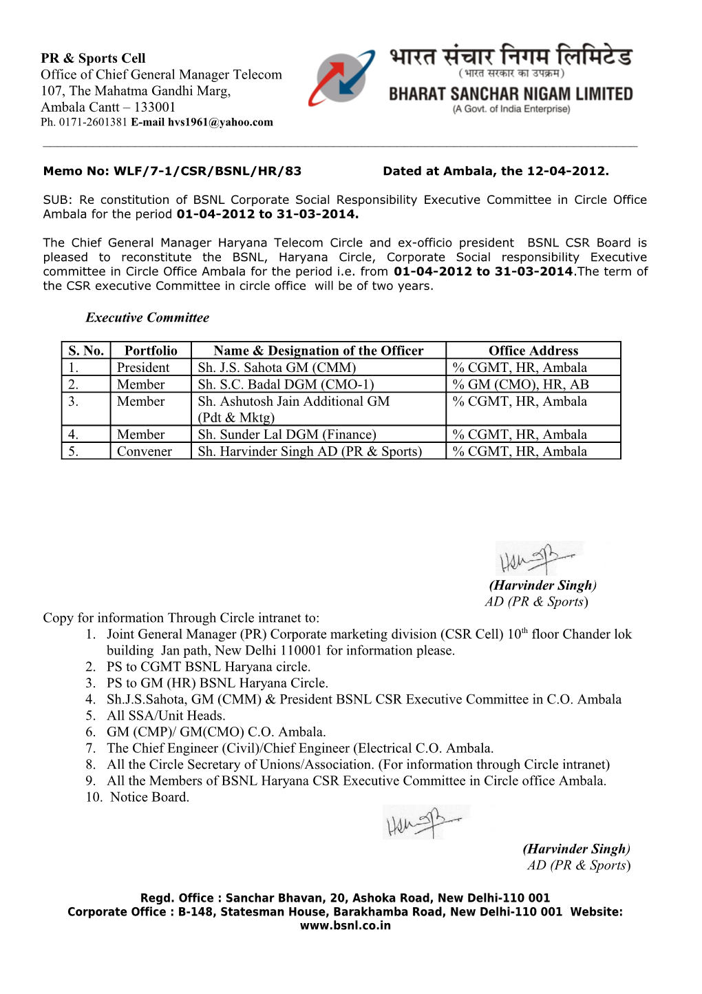 Memo No: WLF/7-1/CSR/BSNL/HR/83 Dated at Ambala, the 12-04-2012