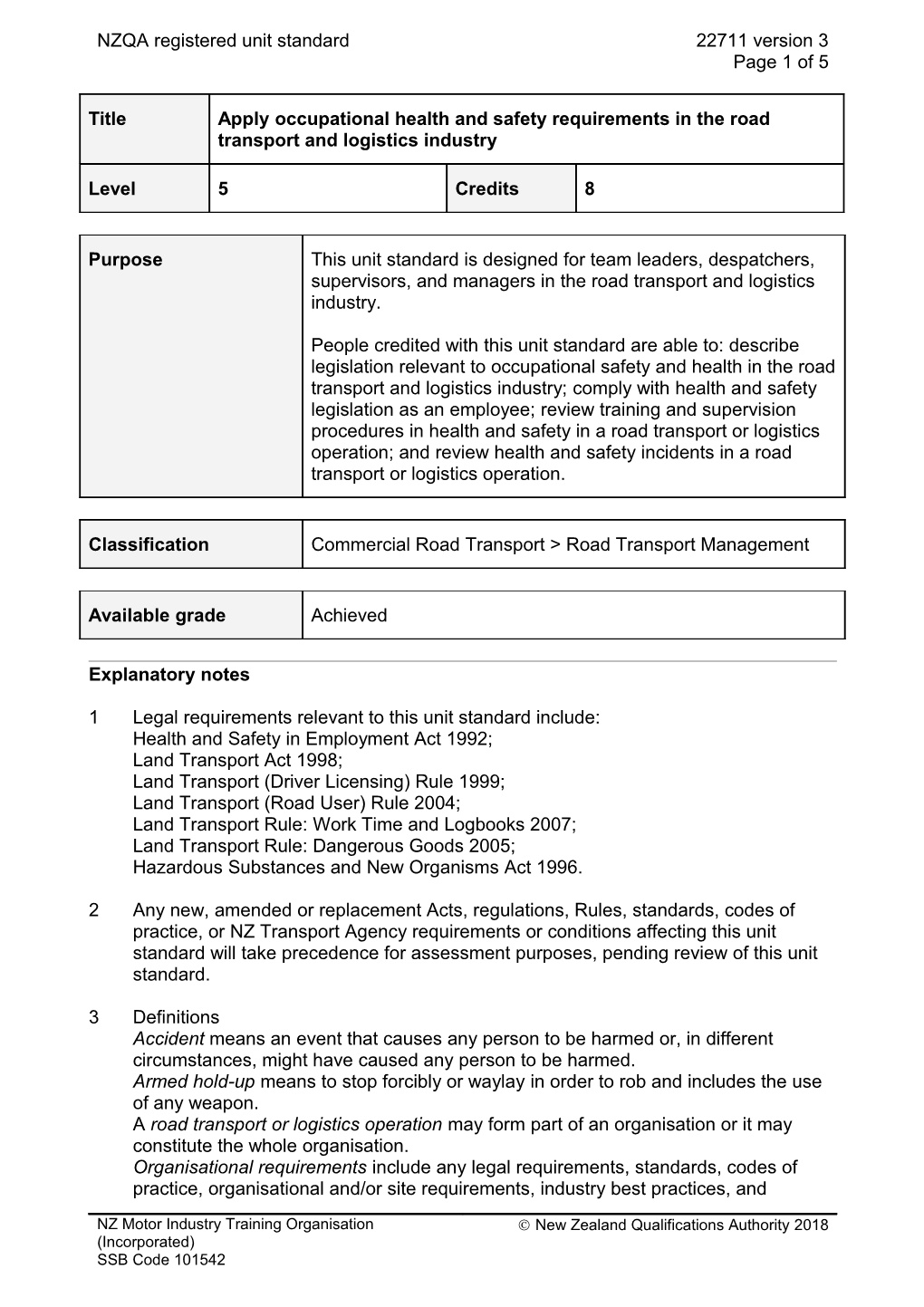 22711 Apply Occupational Health and Safety Requirements in the Road Transport and Logistics