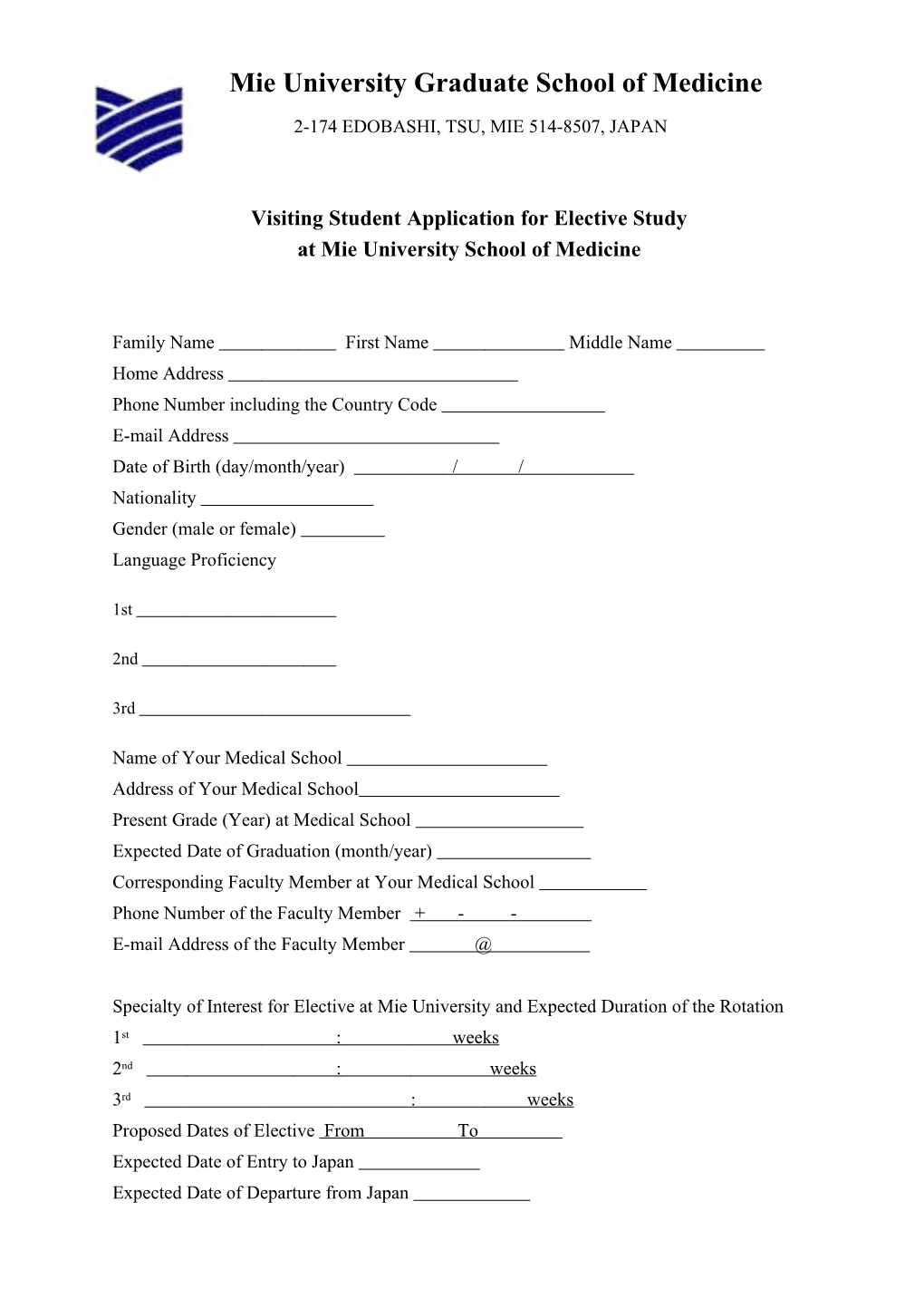 Visiting Student Application for Elective Study