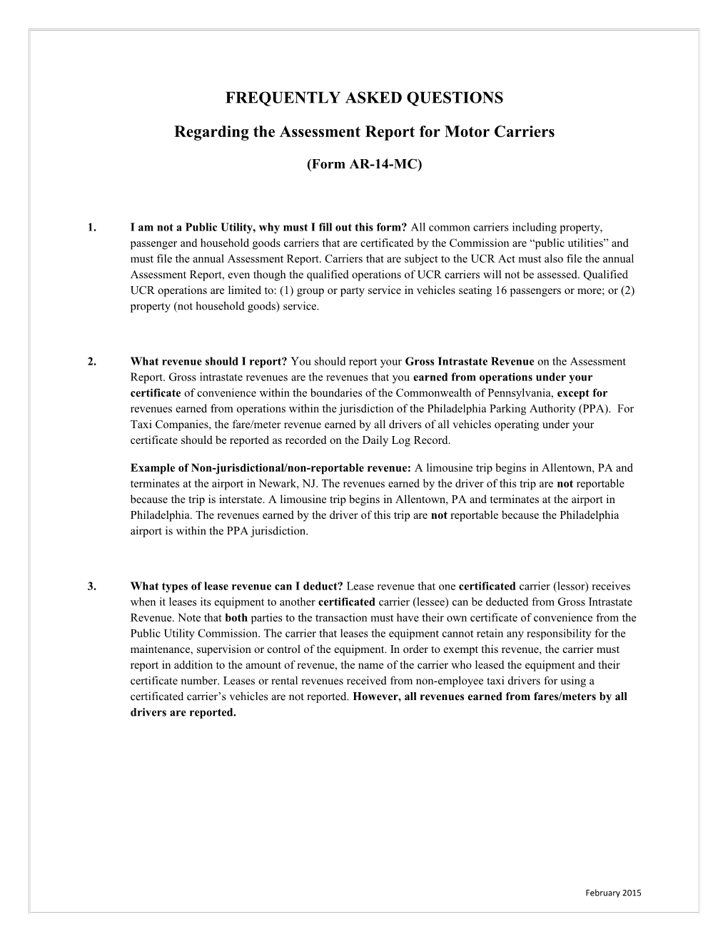 Regarding the Assessment Report for Motor Carriers