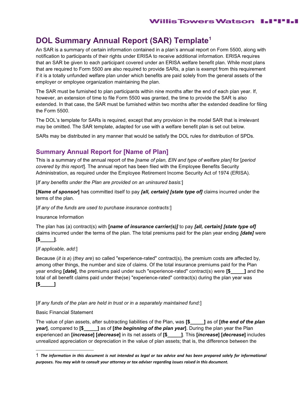 DOL Summary Annual Report (SAR) Template 1