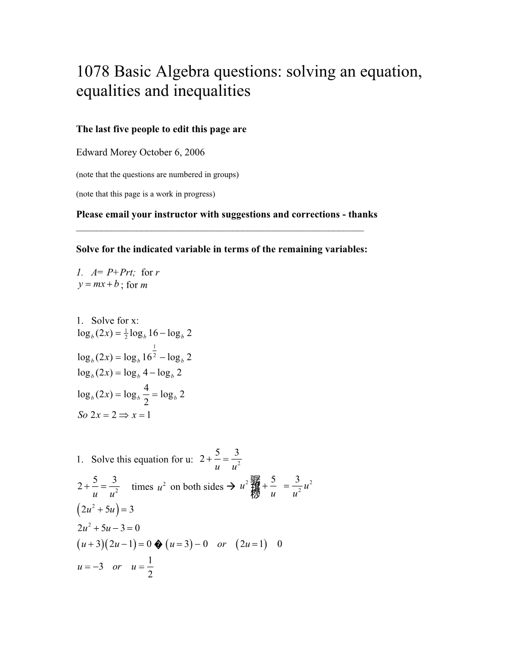 1078 Basic Algebra Questions: Solving an Equation and Equalities