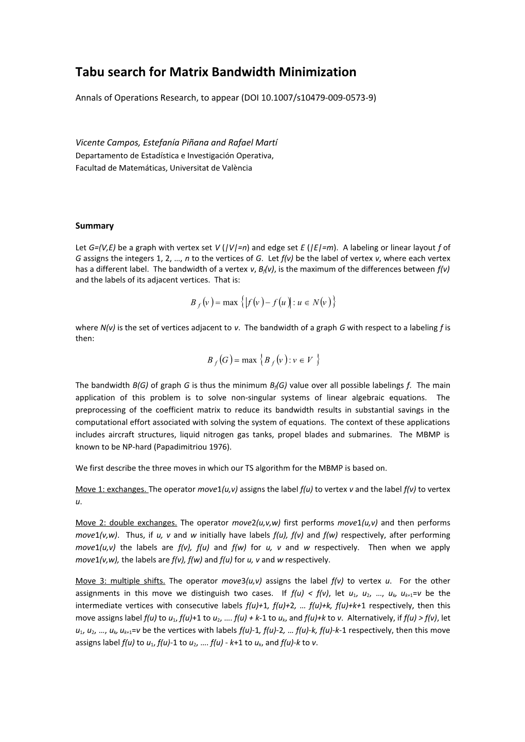 Tabu Search for Matrix Bandwidth Minimization