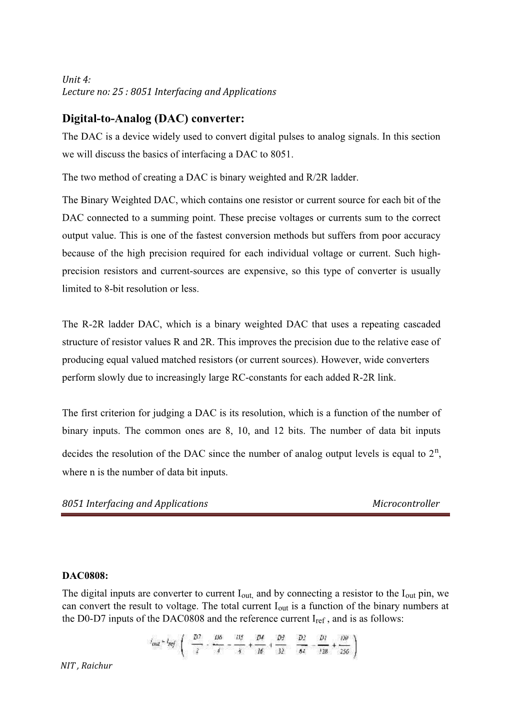 Lecture No: 25 : 8051 Interfacing and Applications