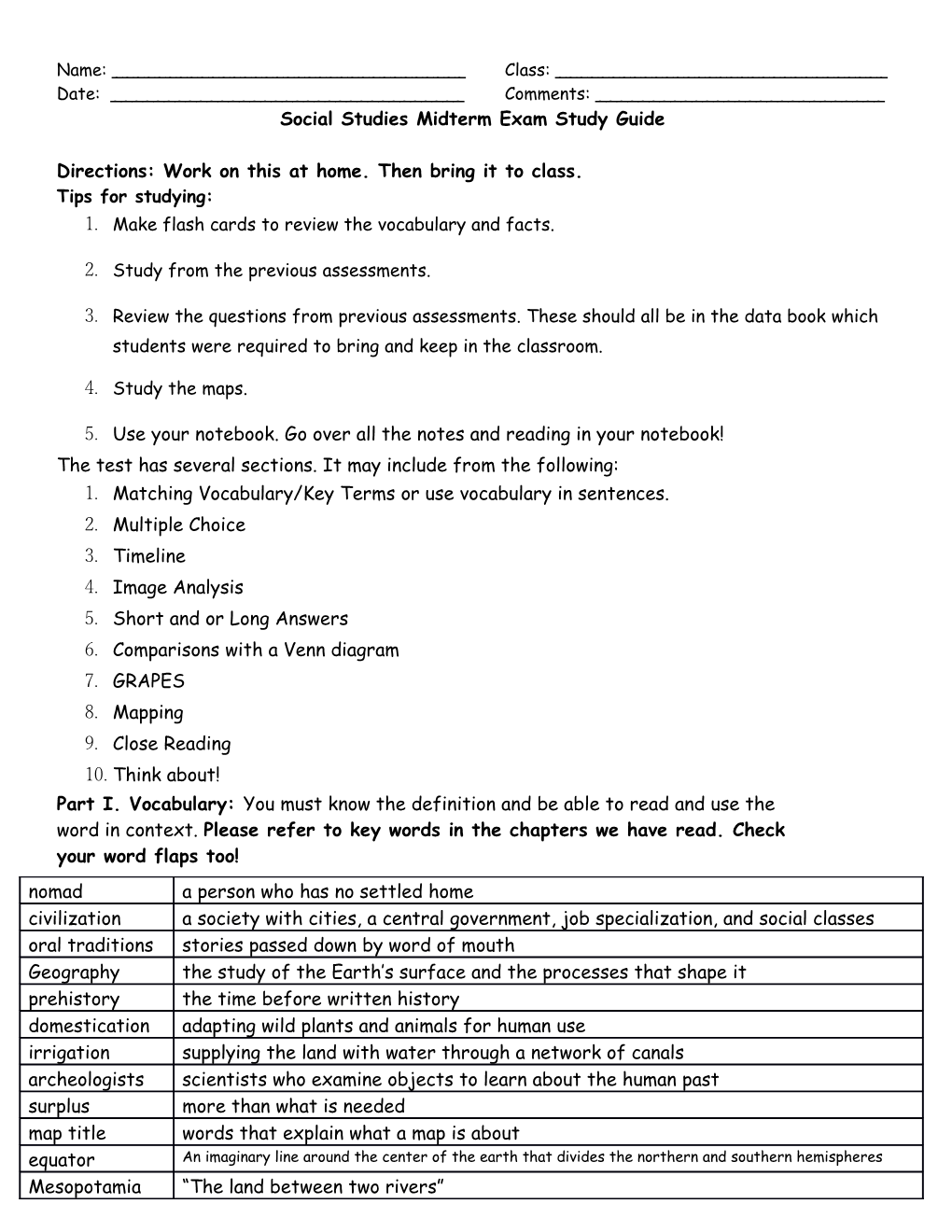 Social Studies Midterm Exam Study Guide