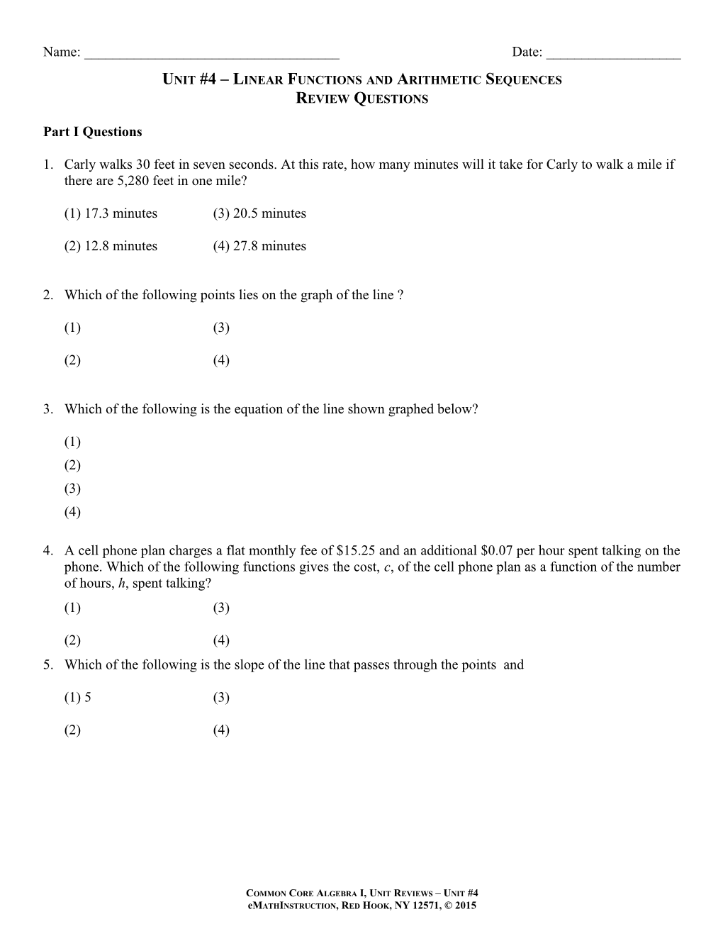 Unit #4 Linear Functions and Arithmetic Sequences