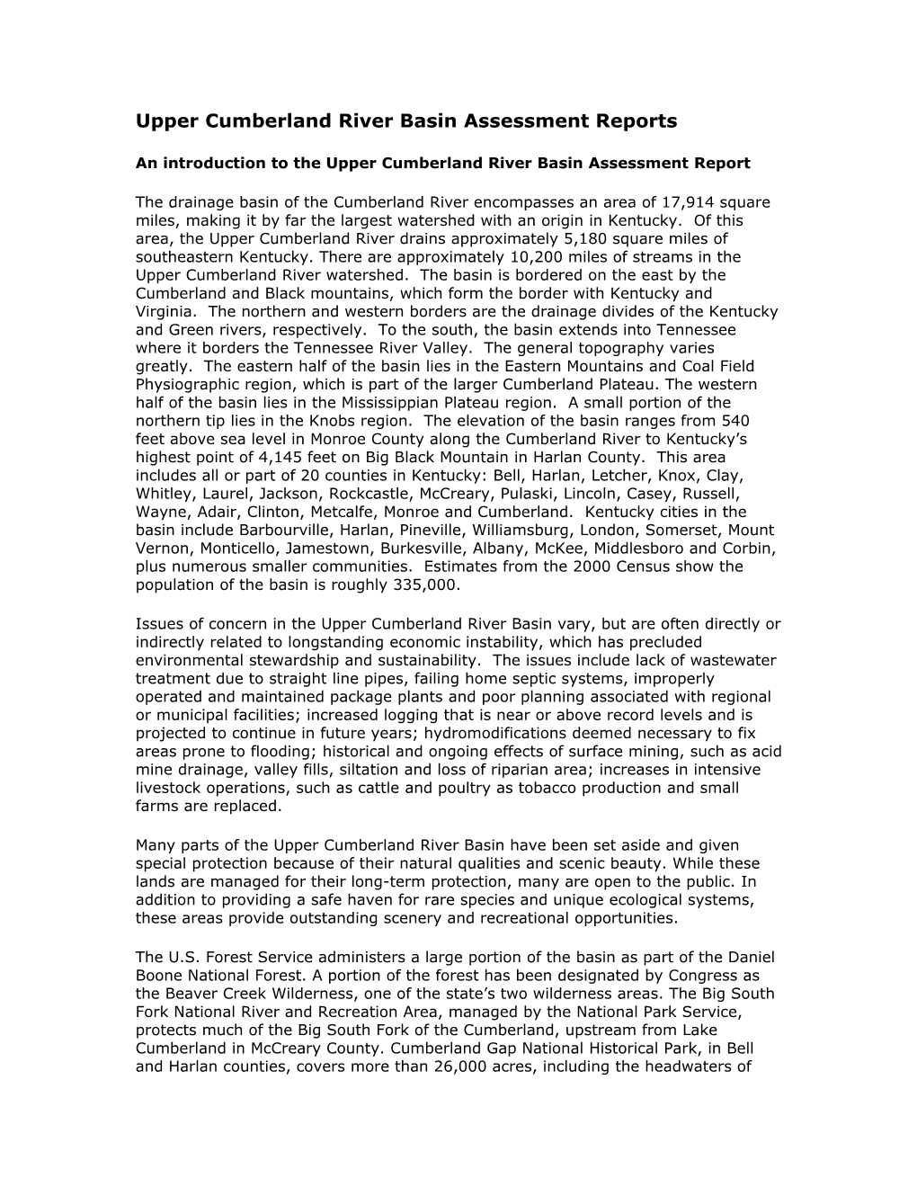 Upper Cumberland River Basin Assessment Reports