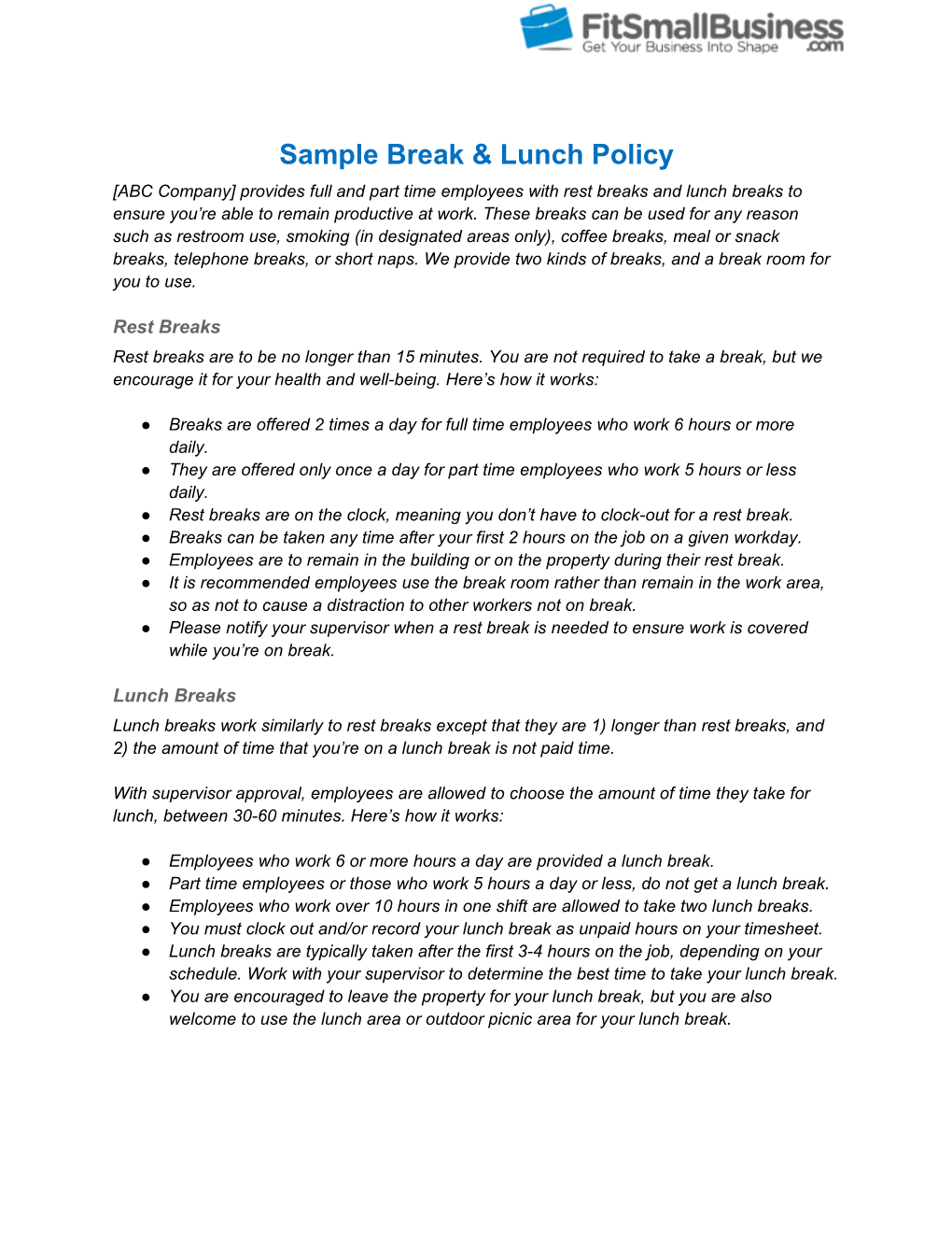 Sample Break & Lunch Policy