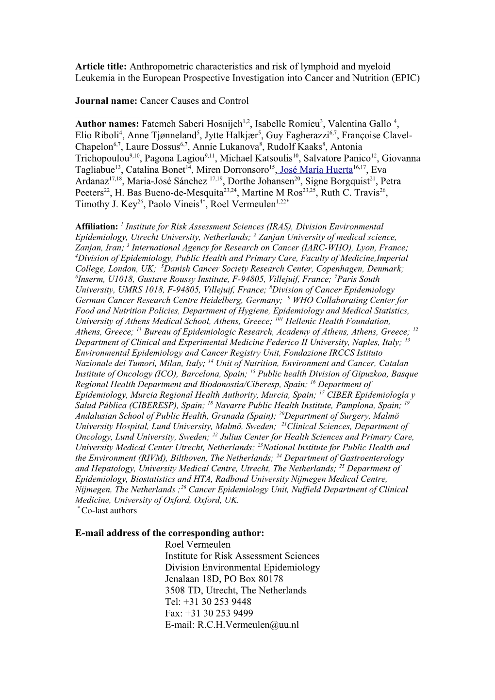 Article Title: Anthropometric Characteristics and Risk of Lymphoid and Myeloid Leukemia