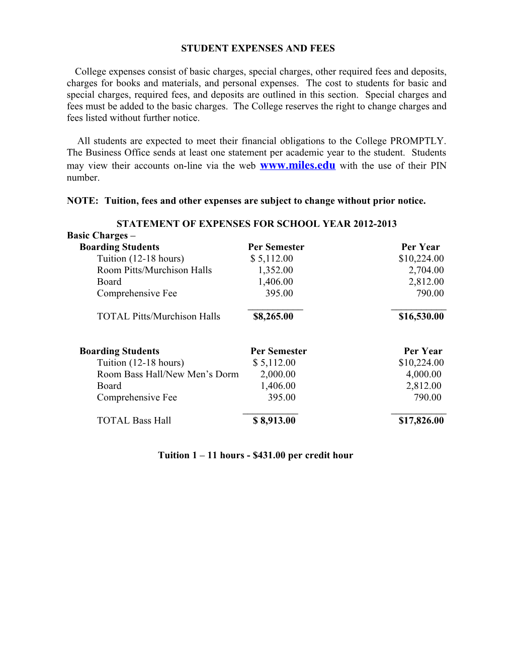 Student Expenses and Fees