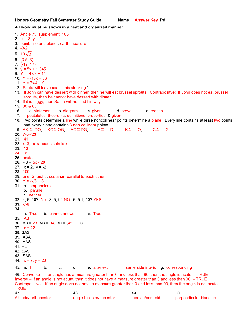 Honors Geometry Fall Semester Study Guide