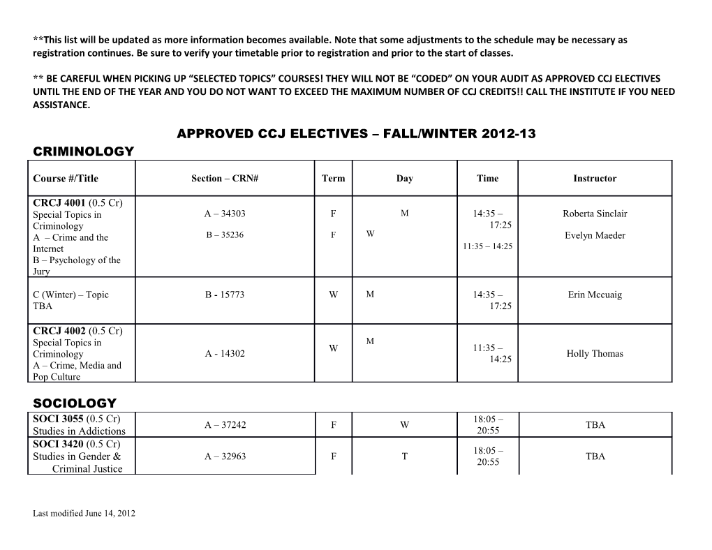 Elective Courses in the Ccj Major