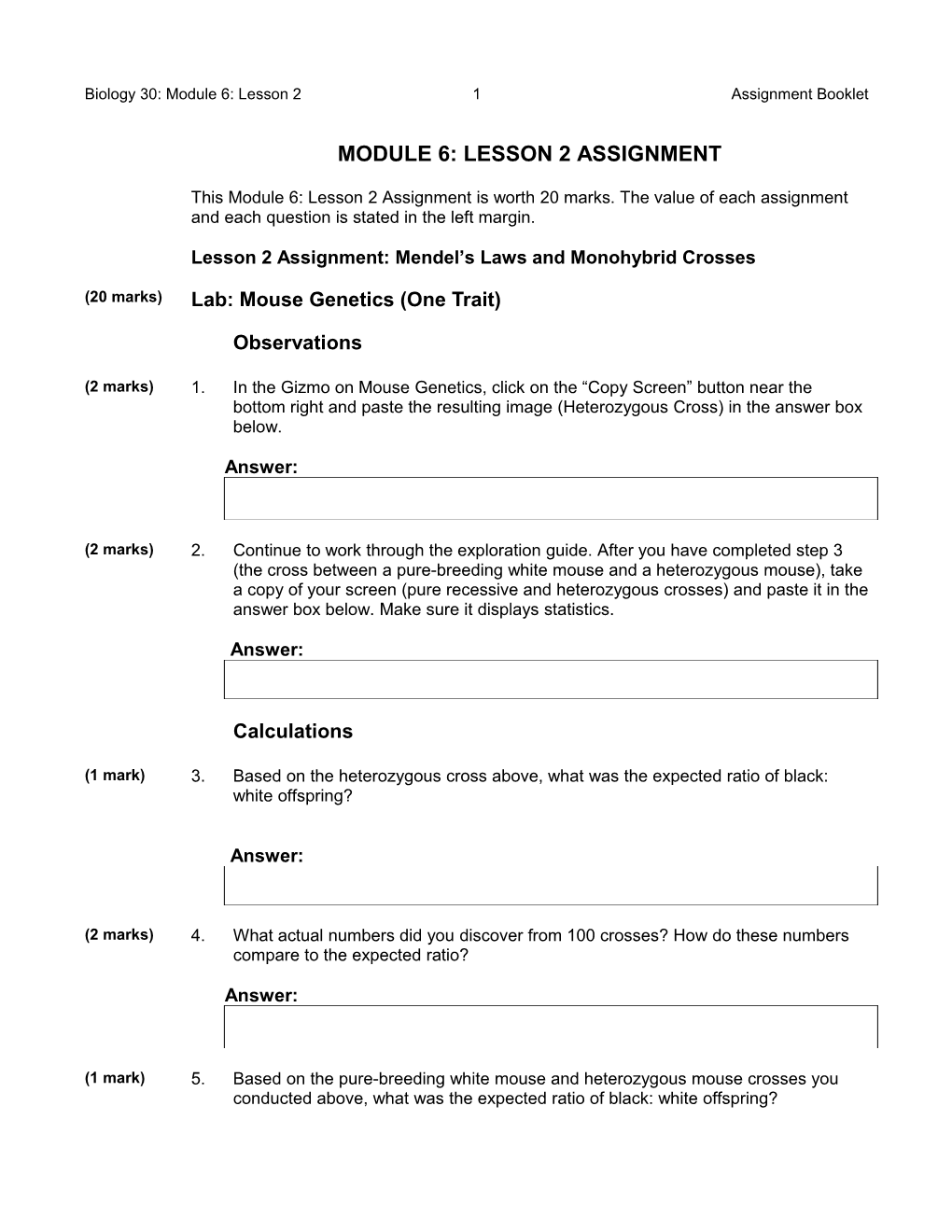 Lesson 2 Assignment: Mendel S Laws and Monohybrid Crosses