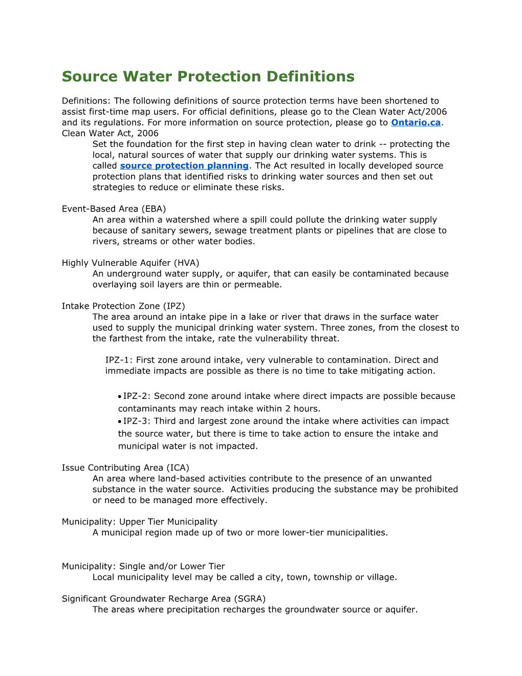 Source Water Protection Definitions