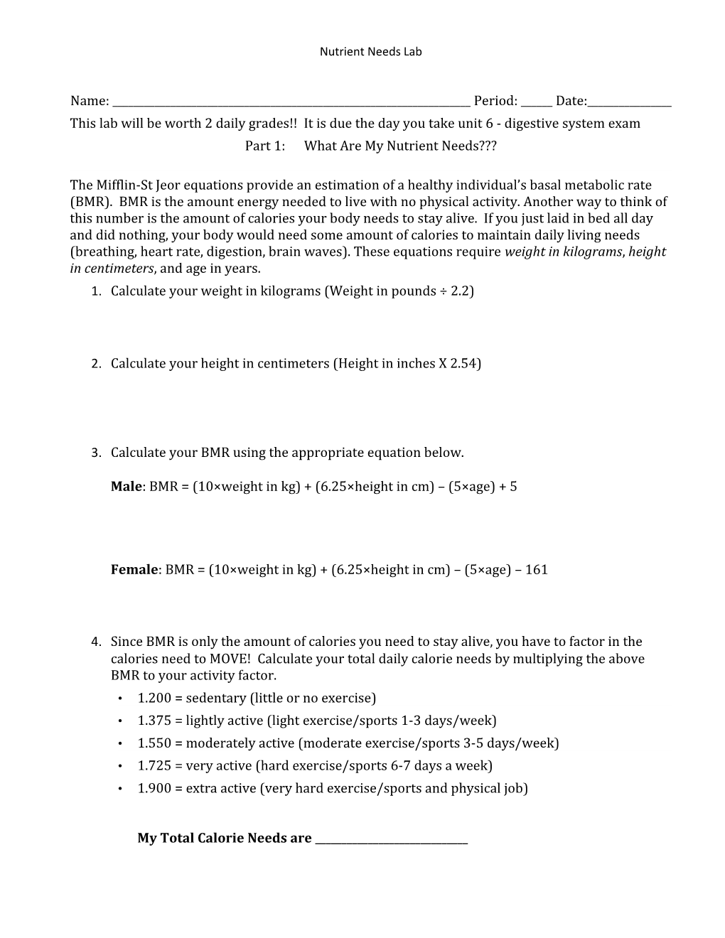 Part 1: What Are My Nutrient Needs