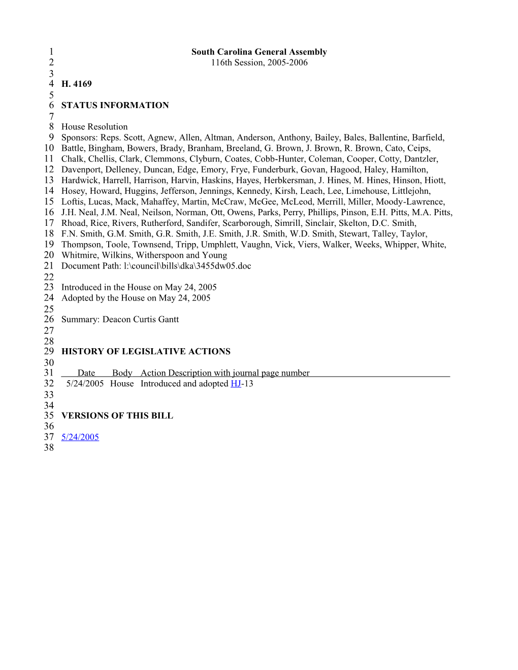 2005-2006 Bill 4169: Deacon Curtis Gantt - South Carolina Legislature Online