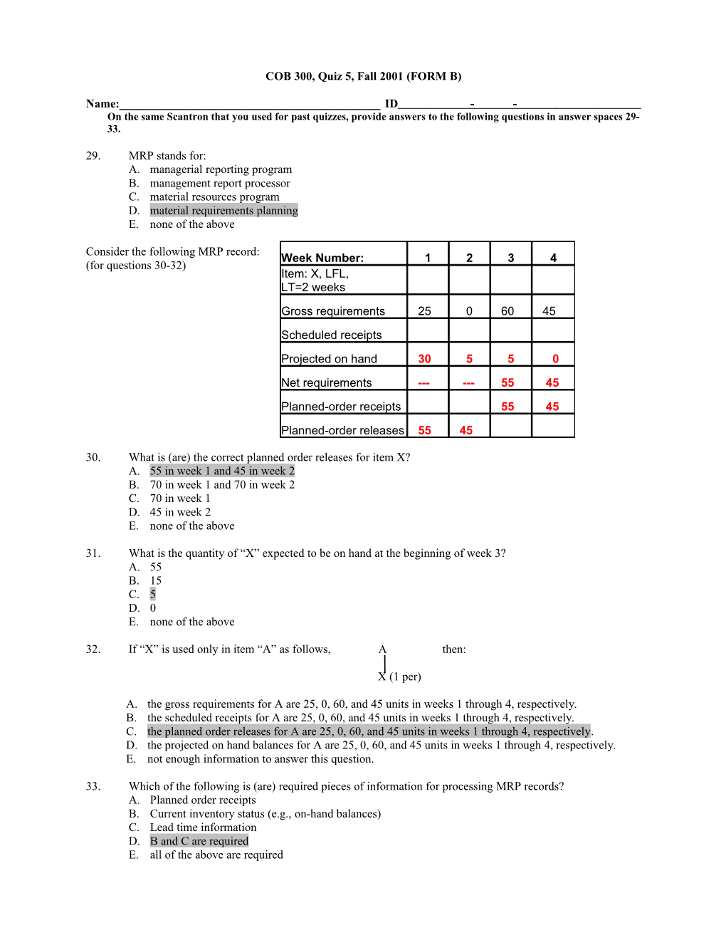 COB 300, Quiz 5, Fall 2001 (FORM B)