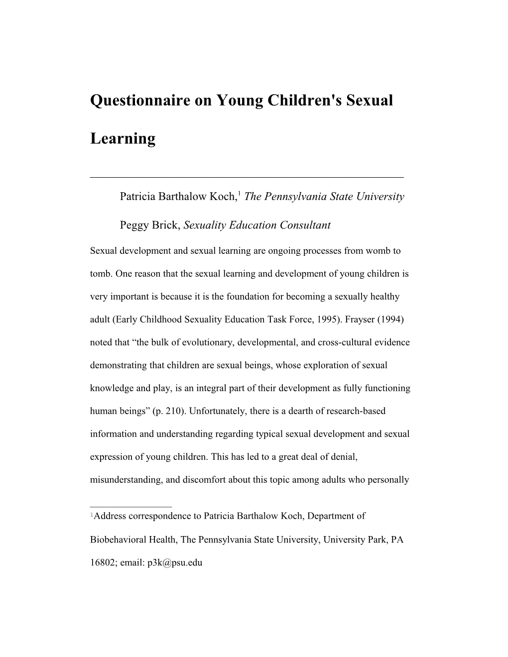 Questionnaire on Young Children's Sexual Learning