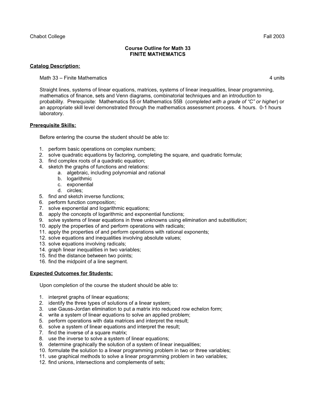 Course Outline for Mathematics 33