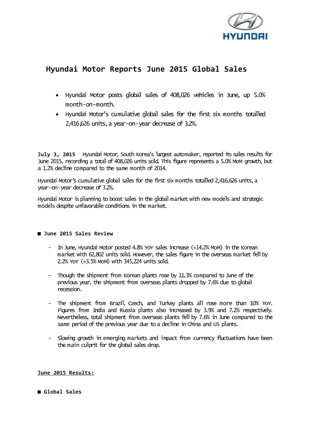 Hyundai Motor Reports June 2015Global Sales