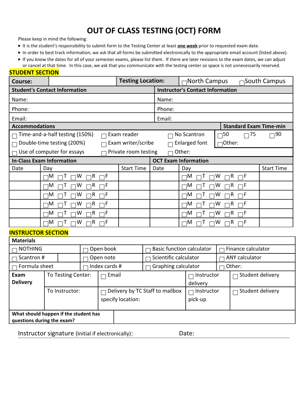 Out of Class Testing (Oct) Form